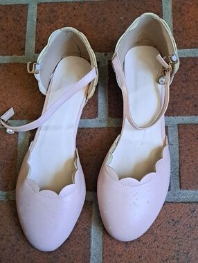 Source Unknown Pink Scalloped Ankle-Strap Flats